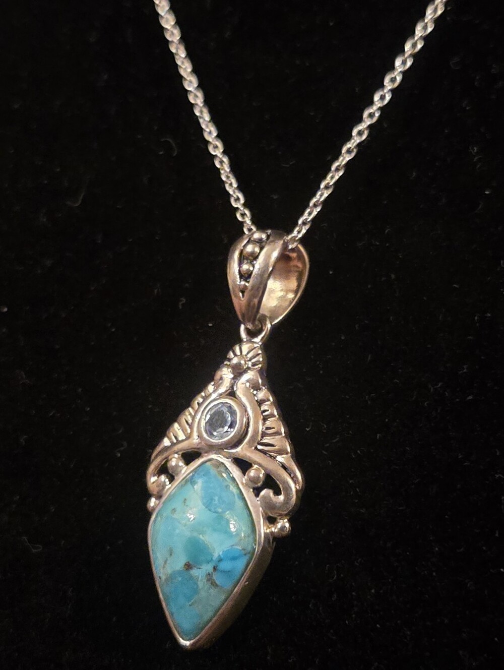 Vintage BBJ Sterling Silver 925 Teardrop Turquoise Quartz Pendant Necklace Set